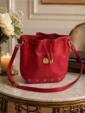 MCM Red Pebbled Leather Drawstring Bucket Shoulder Bag GUC ❤️‍🔥 w/ COA